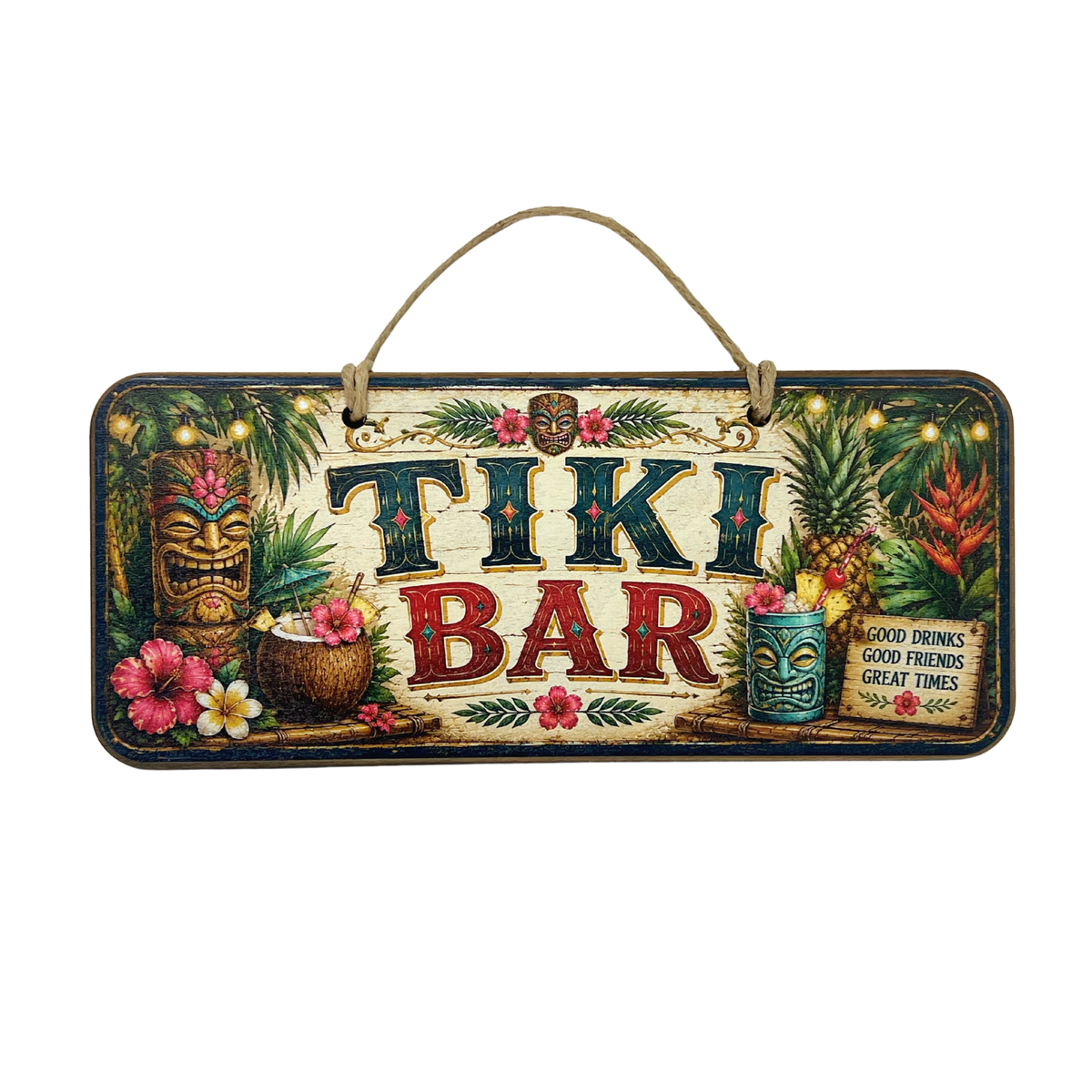 A rectangular hanging wall sign with a rustic tiki theme, featuring the words 'TIKI BAR' in large red and blue letters, surrounded by tropical illustrations including tiki masks, flowers, palm leaves, and a coconut cup. The sign has a rope hanger at the top and is shown against a plain white background.