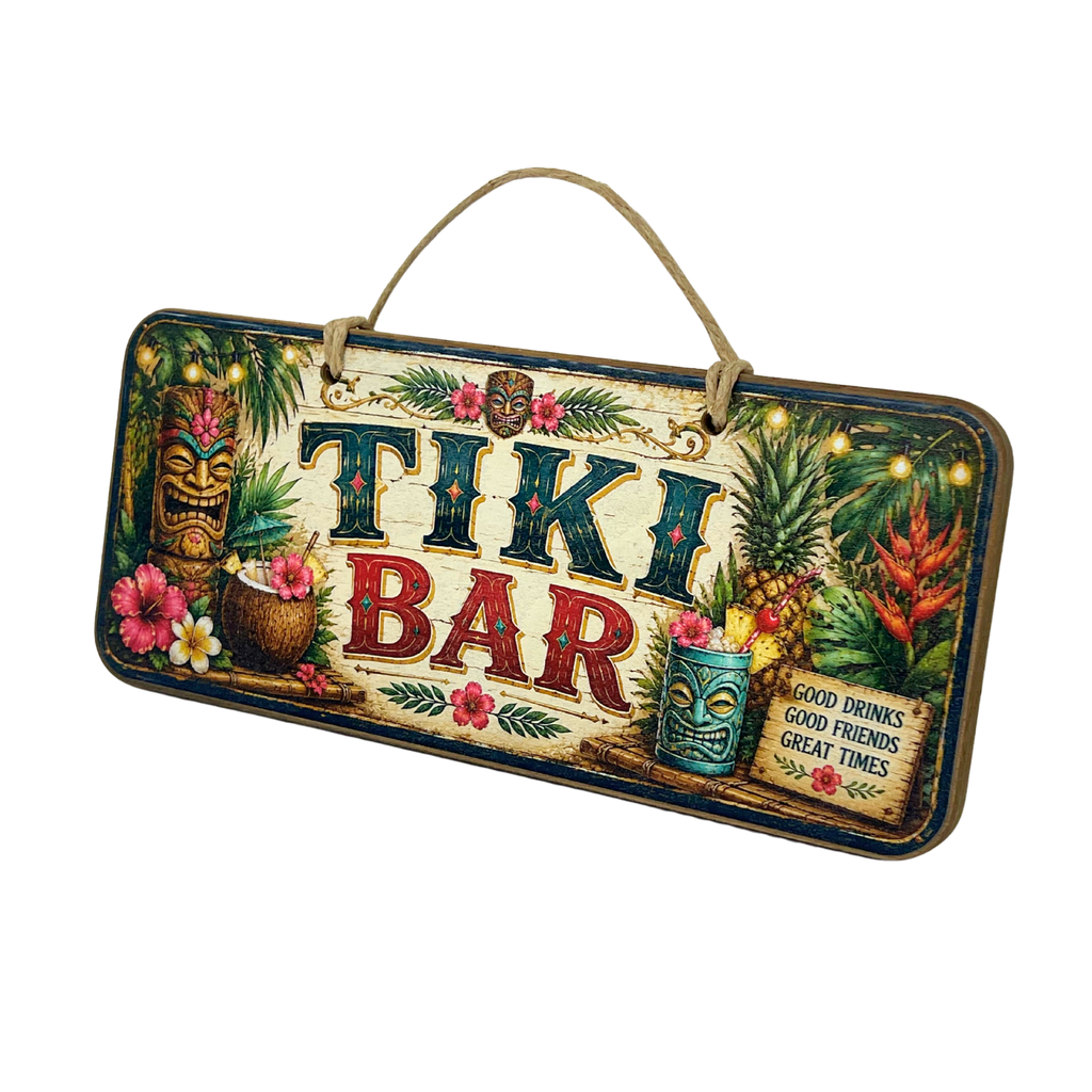 A rectangular hanging wooden sign for a 'Tiki Bar' with a rustic tropical design featuring tiki masks, pineapples, hibiscus flowers, and a tiki mug on a white background.