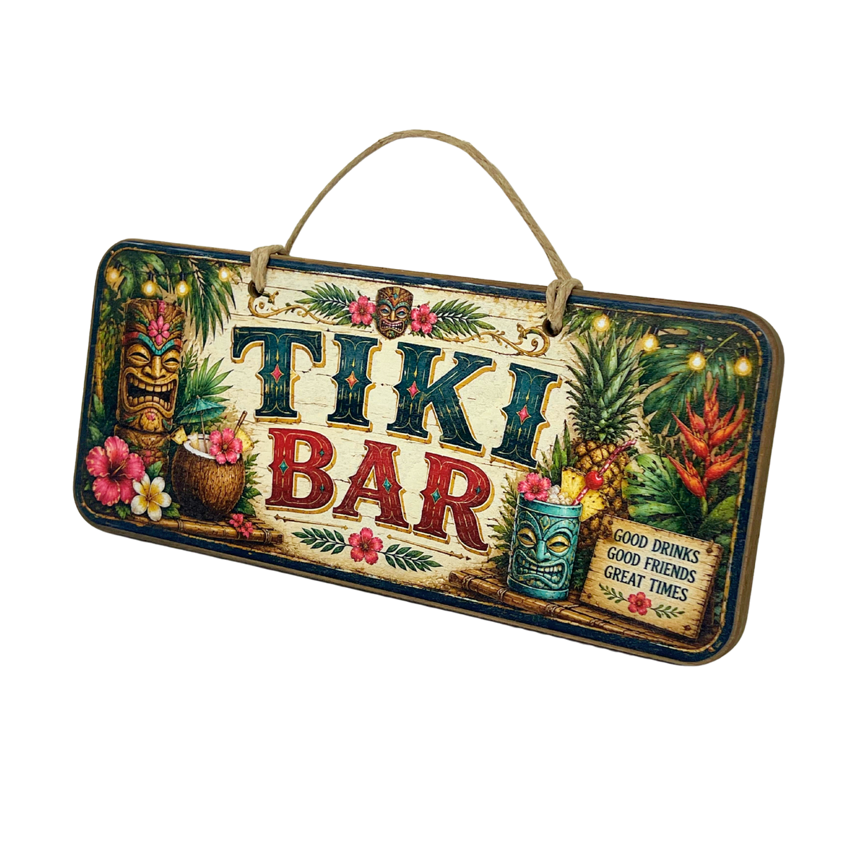 A rectangular hanging wooden sign for a 'Tiki Bar' with a rustic tropical design featuring tiki masks, pineapples, hibiscus flowers, and a tiki mug on a white background.