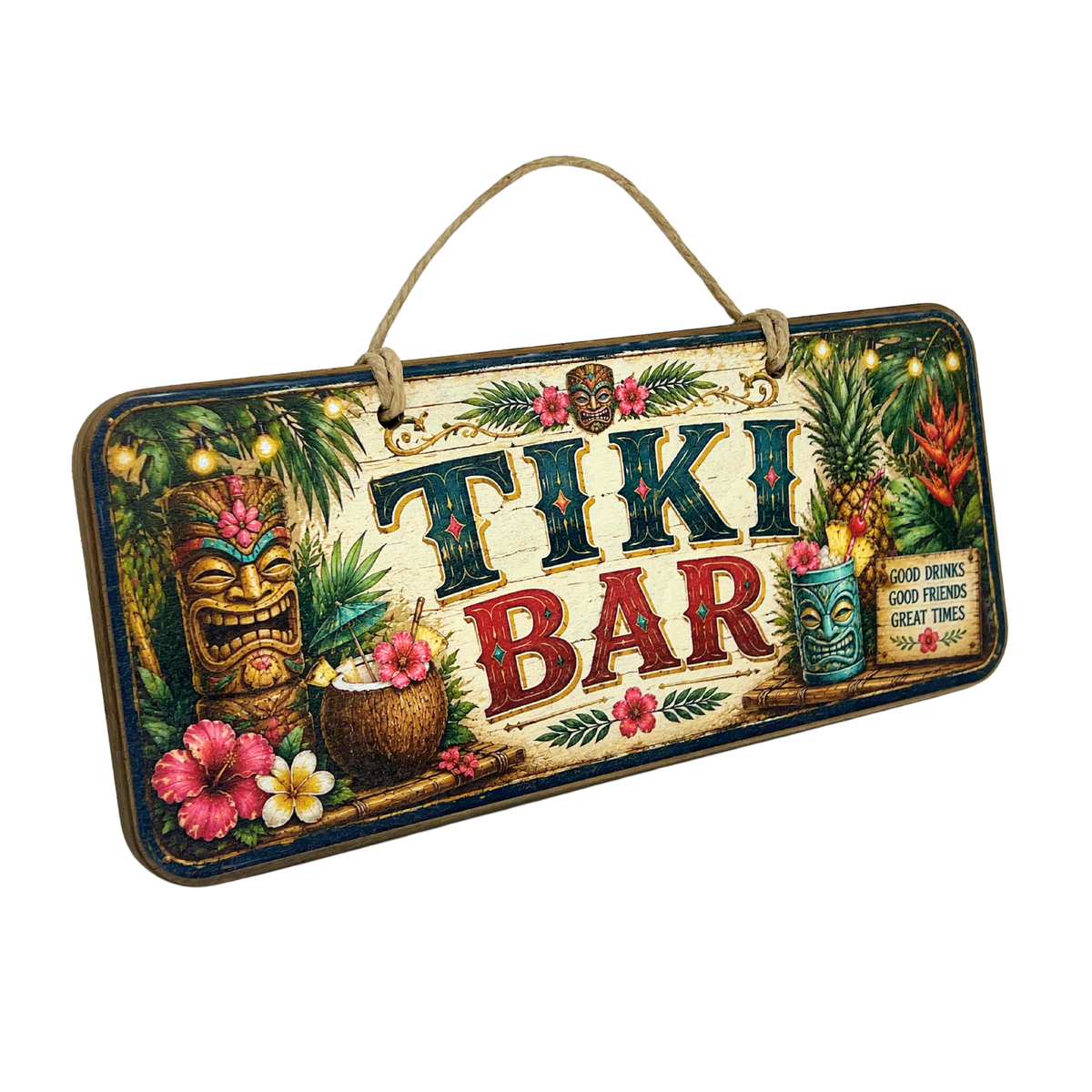 A rectangular hanging wooden sign with a rope handle, featuring tropical 'TIKI BAR' lettering, tiki masks, flowers, and palm leaves on a white background.