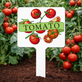 Garden marker with tomato design in a tomato plant background