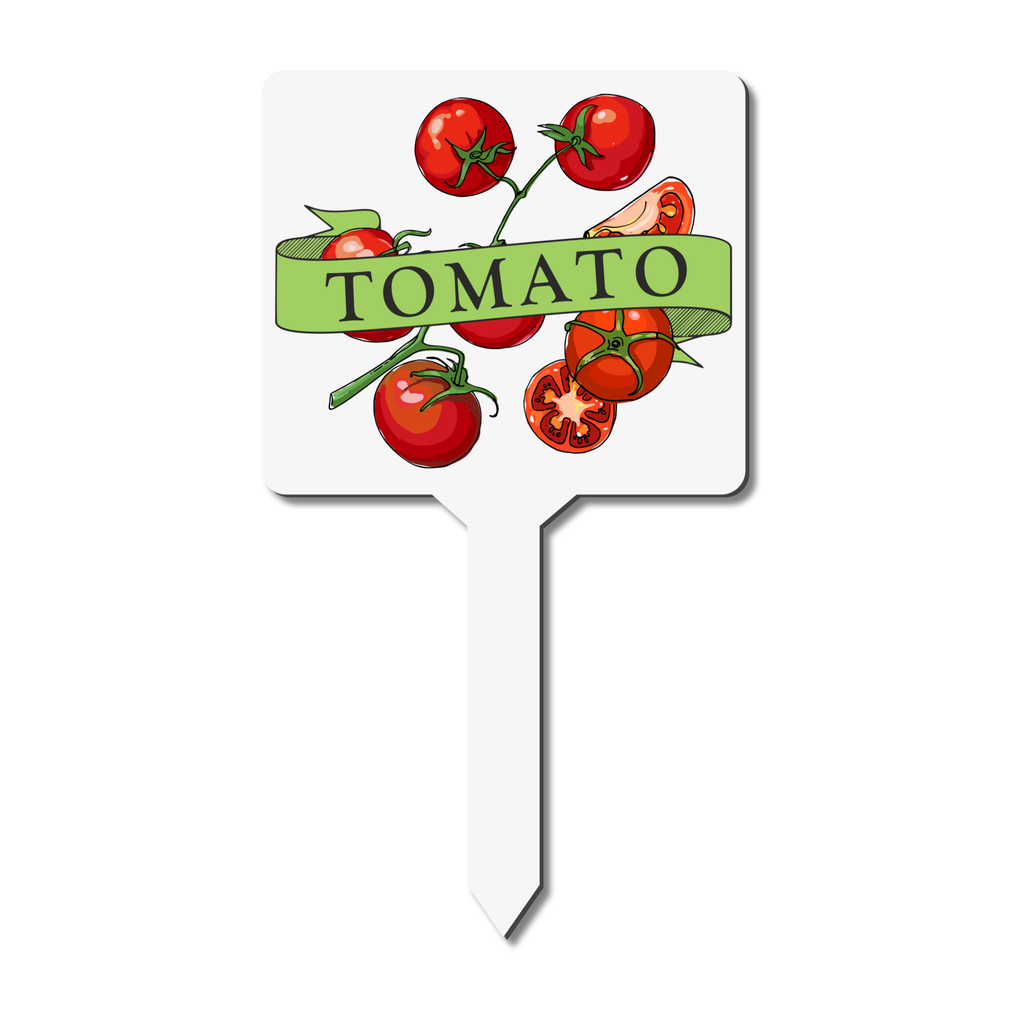 White garden marker with red tomatoes and 'Tomato' text on a white background
