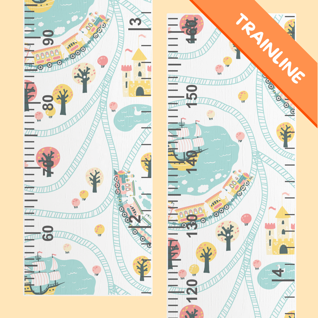 Children's growth chart with train-themed design on a beige background