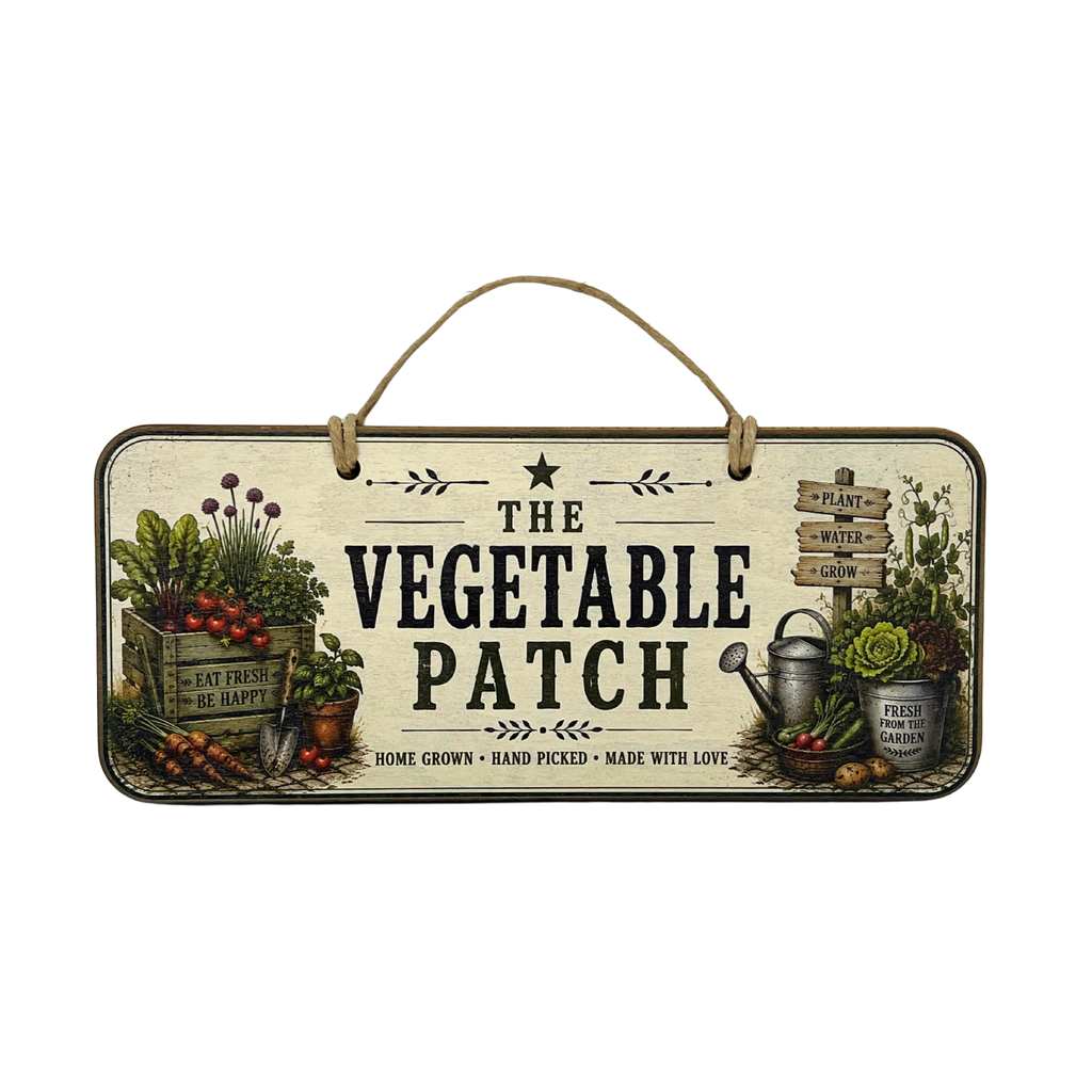 A rectangular hanging sign with a rustic vintage design featuring the text 'THE VEGETABLE PATCH' in bold black lettering. The sign has a cream background with illustrations of a vegetable crate, a watering can, a signpost, and garden plants.