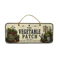 A rectangular hanging sign with a rustic vintage design featuring the text 'THE VEGETABLE PATCH' in bold black lettering. The sign has a cream background with illustrations of a vegetable crate, a watering can, a signpost, and garden plants.
