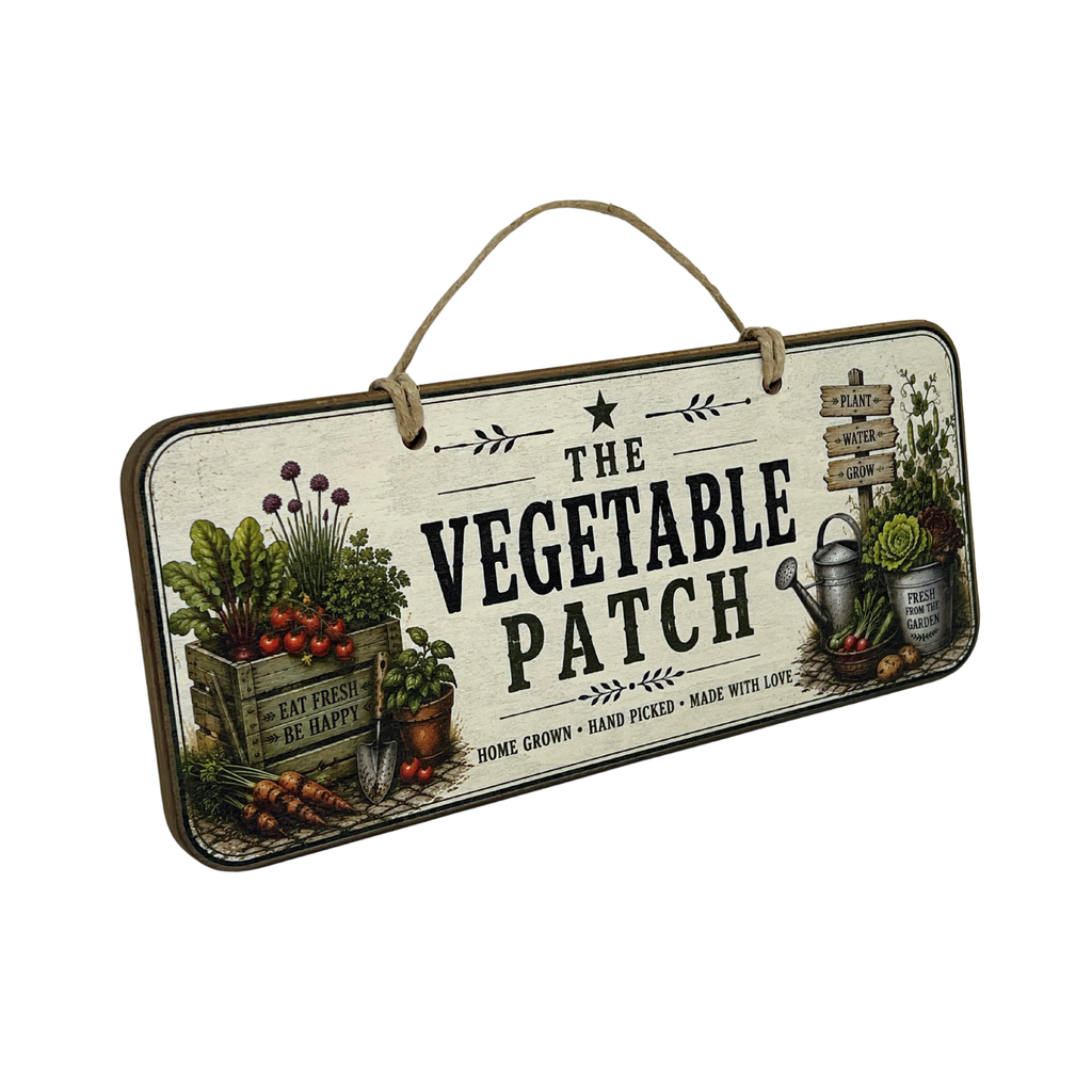 A rectangular hanging wooden sign with a rustic distressed cream background, featuring the text 'THE VEGETABLE PATCH' and illustrated garden elements including vegetables, carrots, a watering can, and small signs. The sign has a brown hanging rope and is photographed on a plain white background.