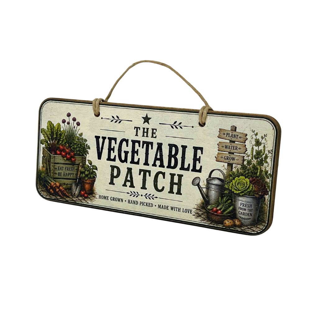 A rectangular hanging wooden sign with a rustic vintage design featuring the text 'THE VEGETABLE PATCH' in bold black letters. The sign is decorated with illustrations of potted plants, a watering can, a plant sign, and small vegetables, all on a cream-colored background with a dark brown border.