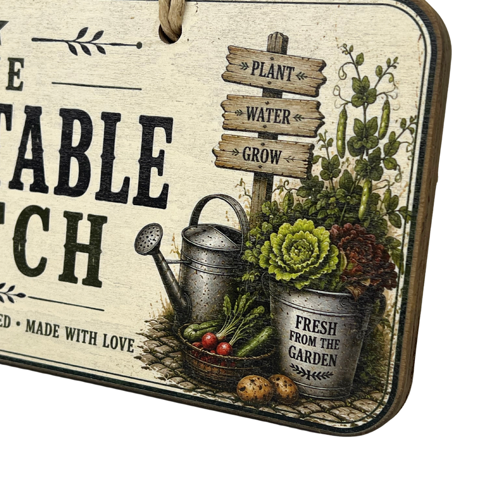 A rectangular decorative garden sign with rounded corners, featuring vintage-style printed text and illustrations including a watering can, plant sign, vegetables, and a bucket labeled 'Fresh from the Garden.'.