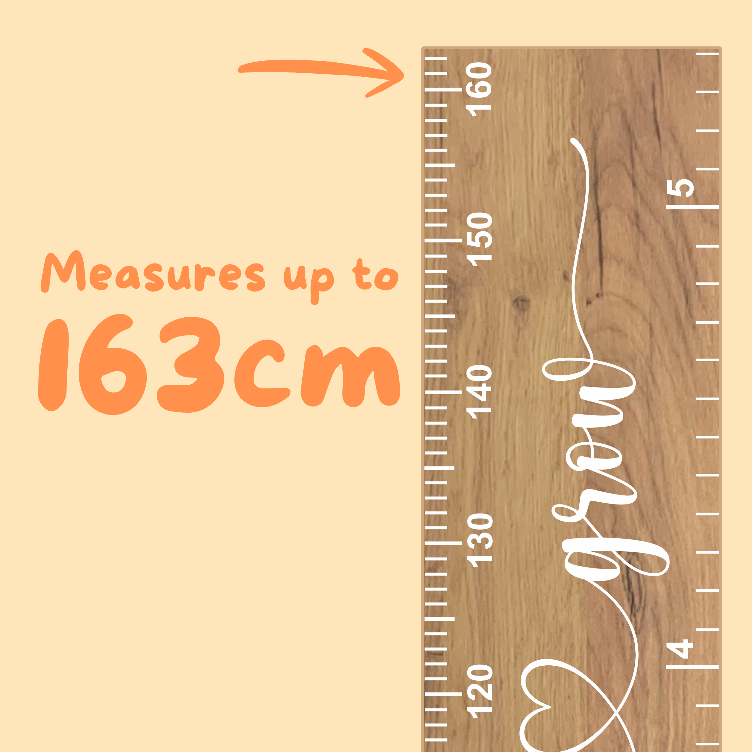 Wooden growth chart with measurement scale indicating the ruler measures up to 163 cm