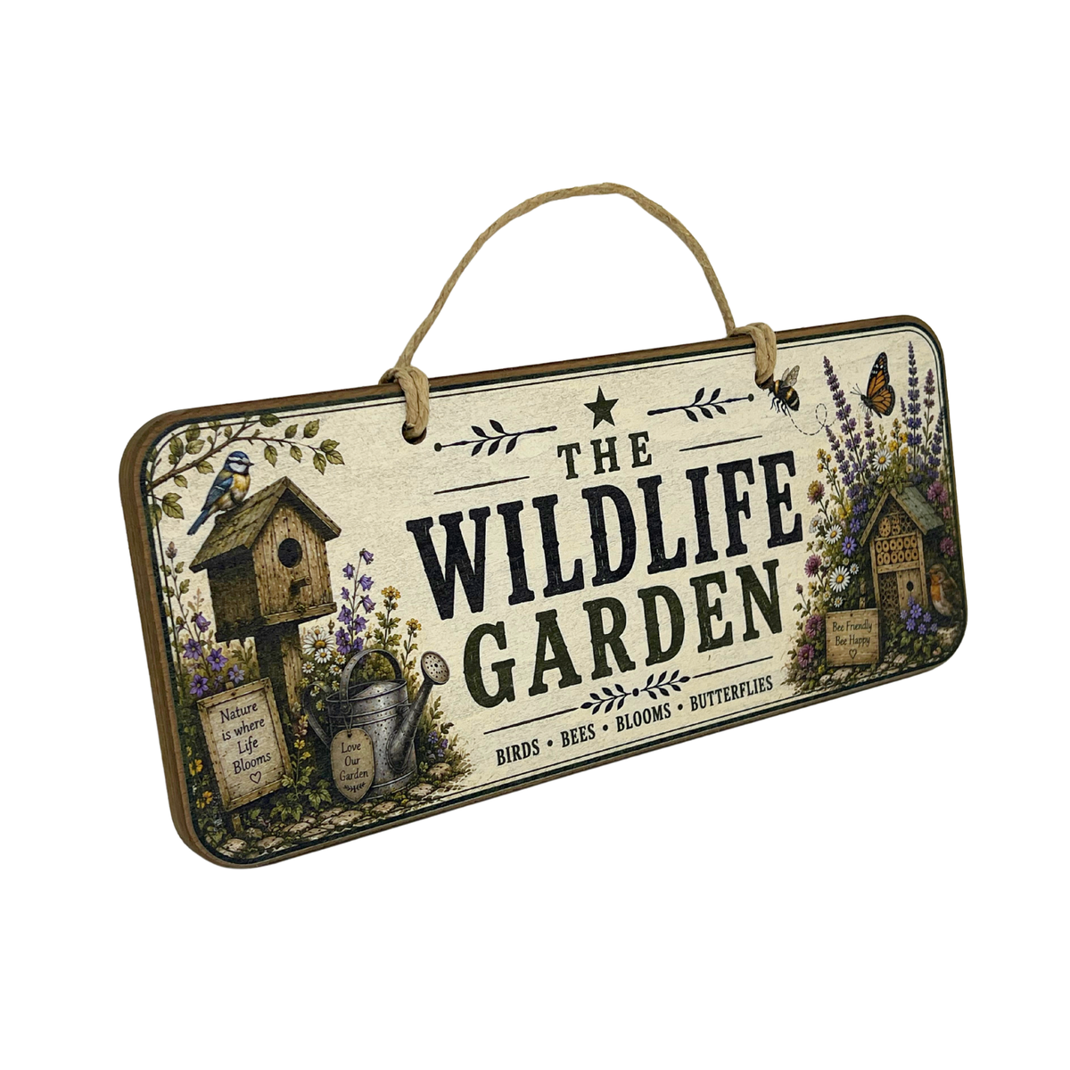 A rectangular hanging wooden sign with a rustic twine loop at the top, featuring the words “THE WILDLIFE GARDEN” in large dark lettering. The sign is decorated with illustrated birdhouses, a watering can, flowers, butterflies, and small labels on a cream background.