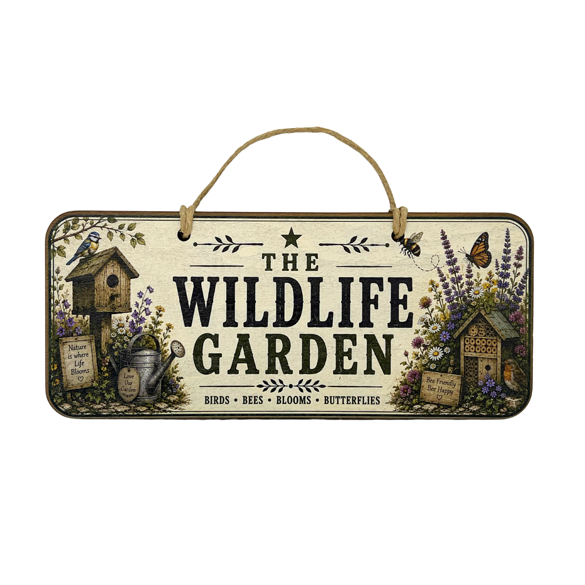 A rectangular hanging sign with a rustic wood-look frame and rope handle, featuring the text 'THE WILDLIFE GARDEN' surrounded by illustrated birds, bees, butterflies, flowers, and small birdhouses on a cream background.