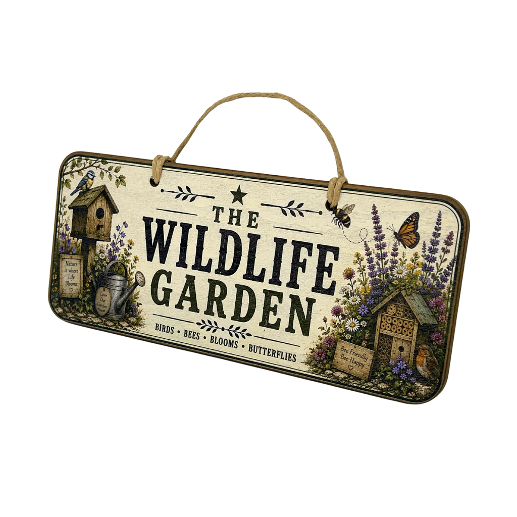 A rectangular hanging sign with a natural wood hanger, featuring the text 'THE WILDLIFE GARDEN' in large black letters. The sign is decorated with illustrations of a birdhouse, a watering can, a butterfly, a small house, flowers, and labels reading 'HARES - BEE - BLOOMS - BUTTERFLIES'.