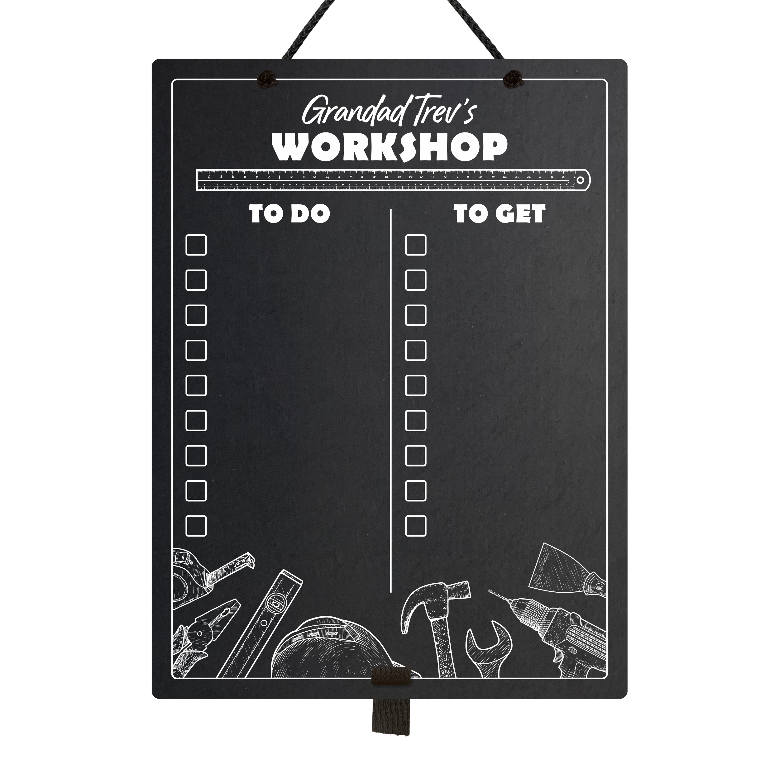 Large chalkboard hanging from a black rope with elastic pen holder at the bottom, featuring "to do" and "to get" collumn headers and check boxes printed with "Grandad Trev's Workshop" printed at the top. 