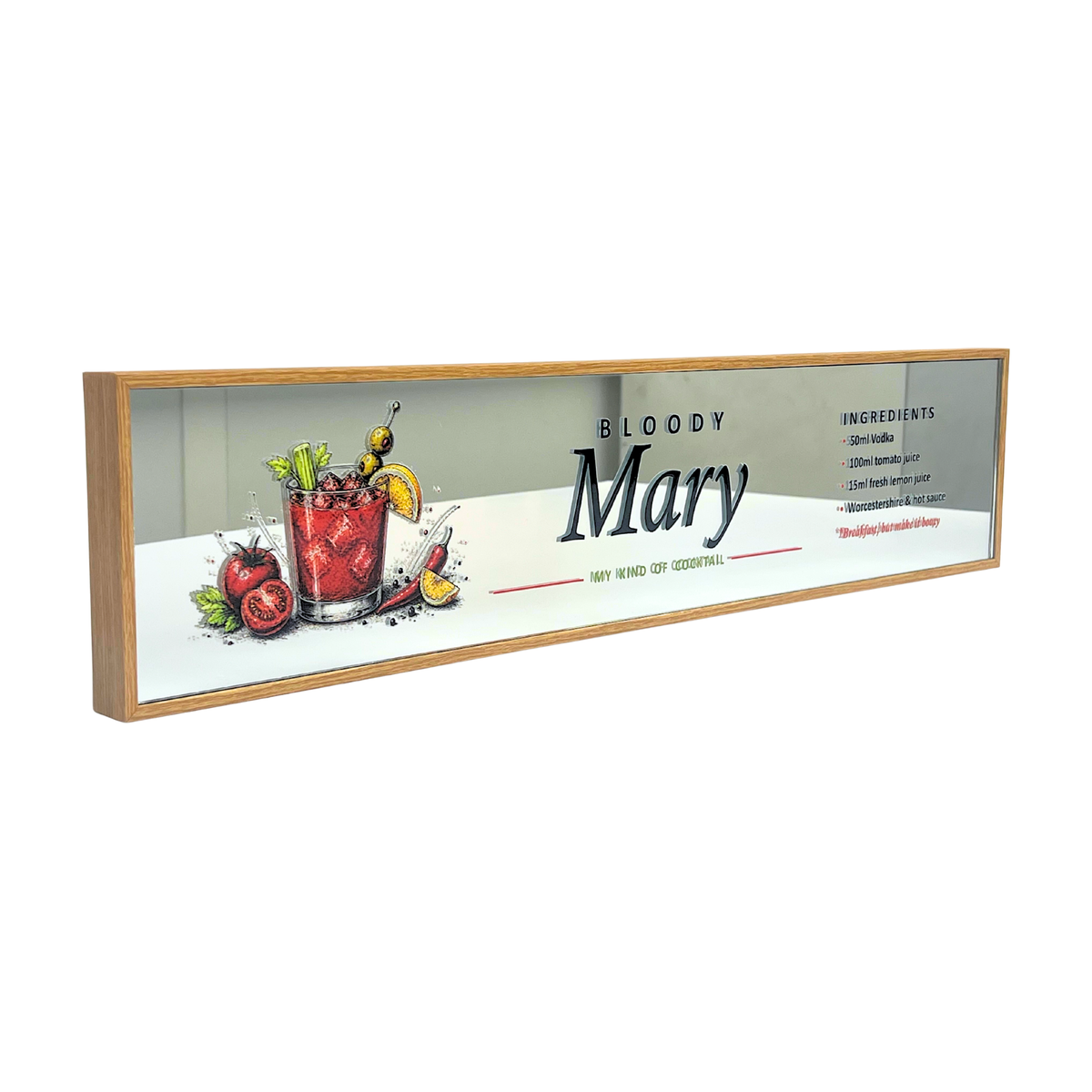 A framed wall art print featuring a Bloody Mary cocktail illustration and the words 'Bloody Mary' on a white background with a light wood frame.
