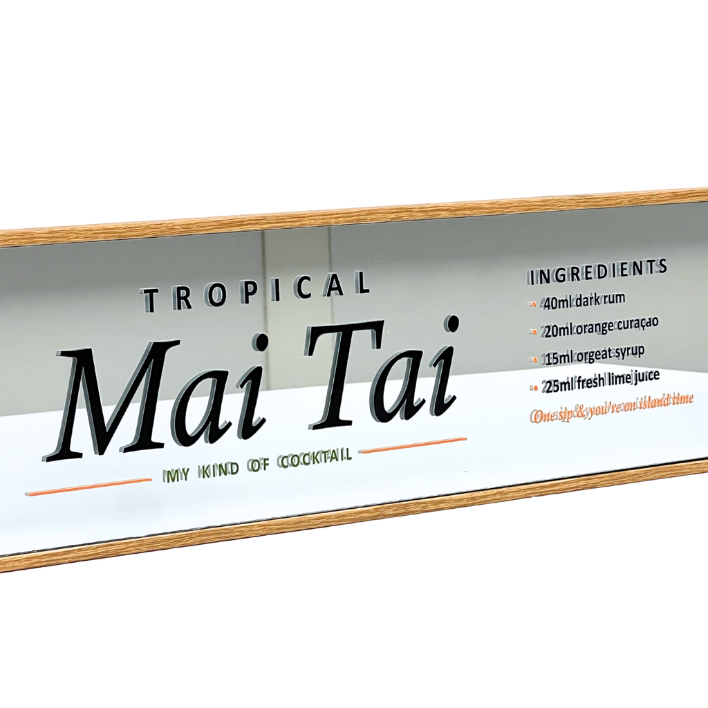 A rectangular glass cocktail sign with a light wood frame, featuring the text 'TROPICAL Mai Tai' and a cocktail ingredients list on a white background.