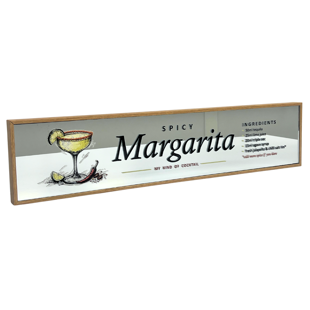 A rectangular wooden sign featuring a 'Spicy Margarita' recipe design, with an illustration of a margarita glass, lime, and chili pepper, set against a white background.
