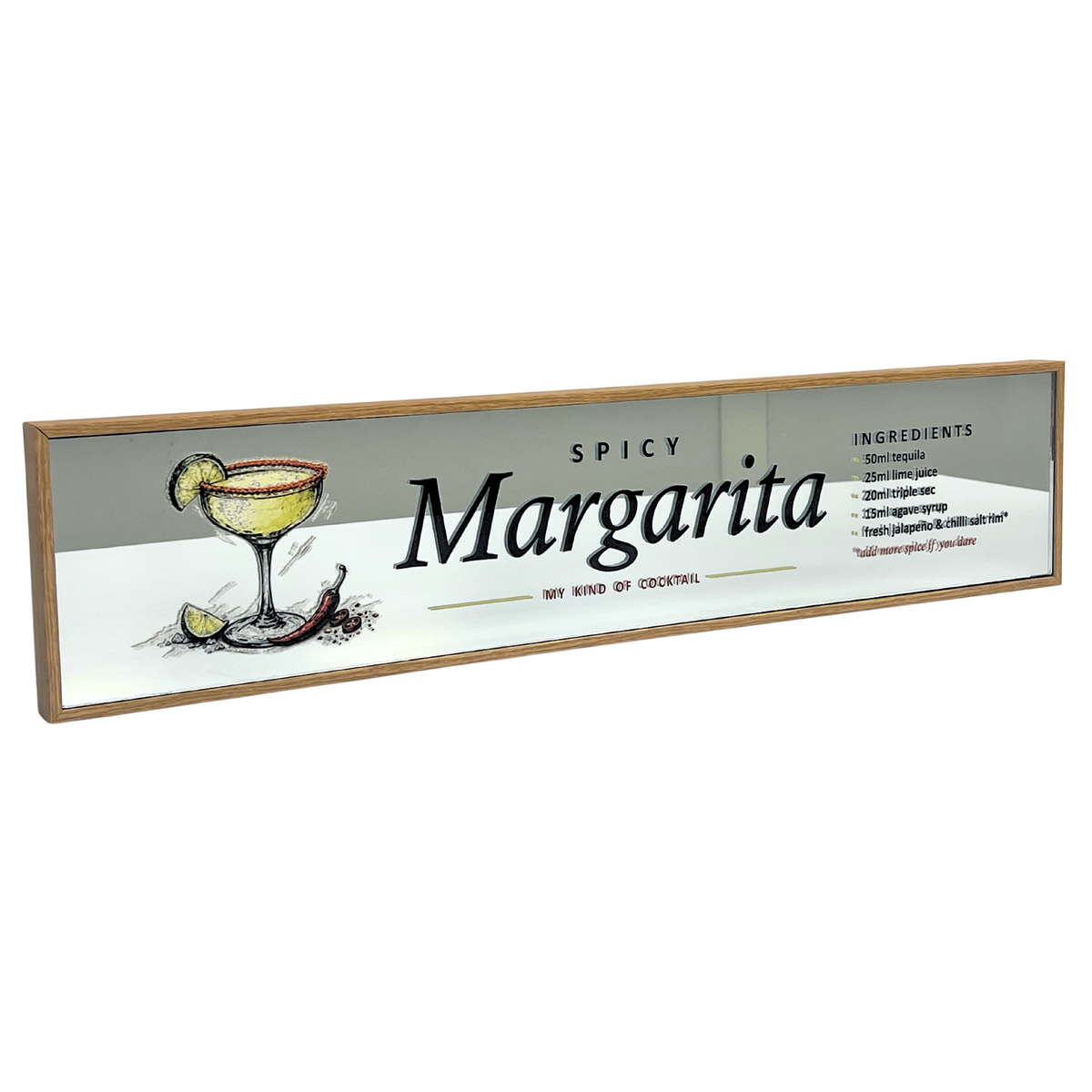 A rectangular wooden sign featuring a 'Spicy Margarita' recipe design, with an illustration of a margarita glass, lime, and chili pepper, set against a white background.